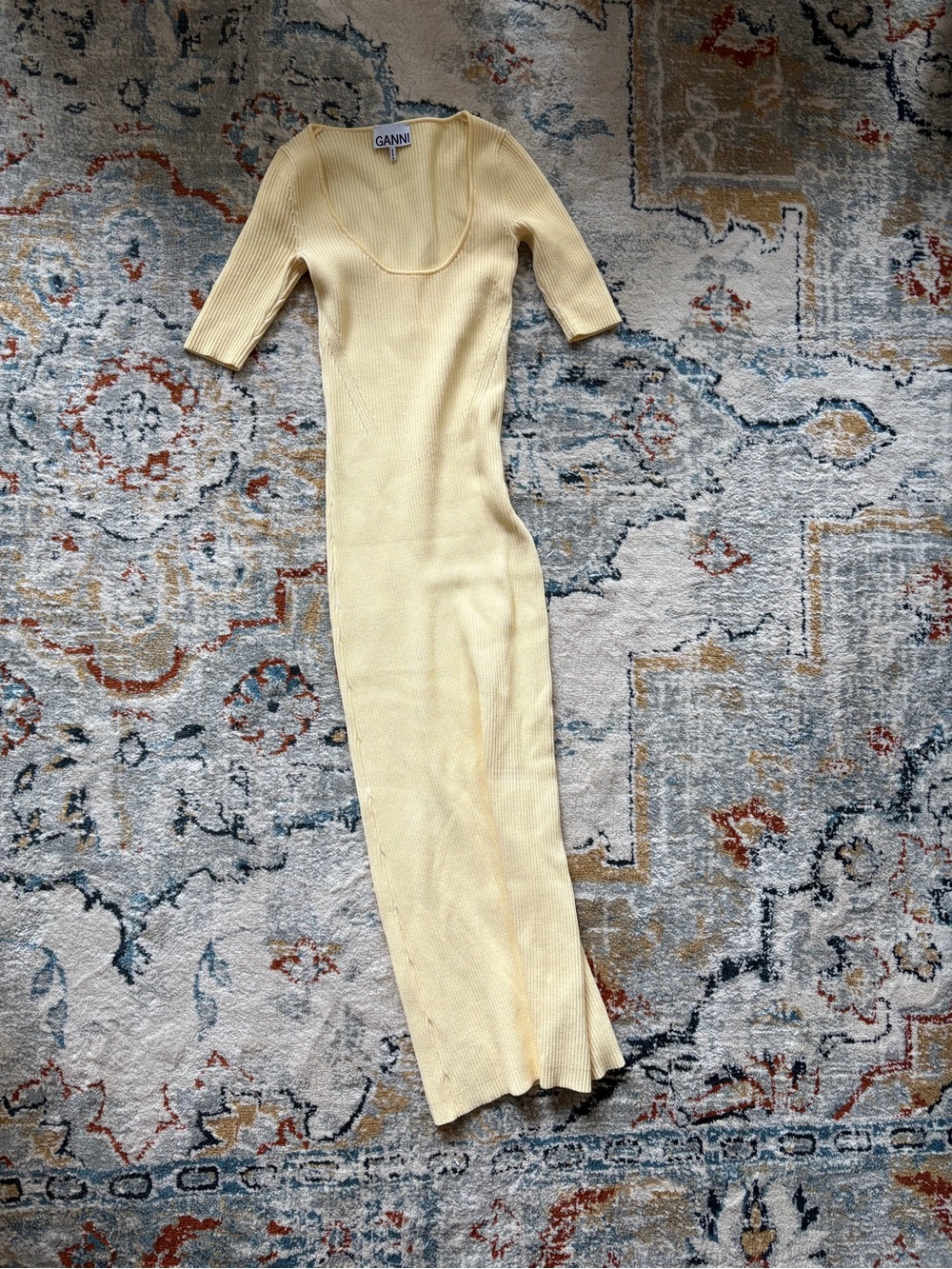 Ganni Pale Yellow Ribbed Scoop-Neck Maxi Dress